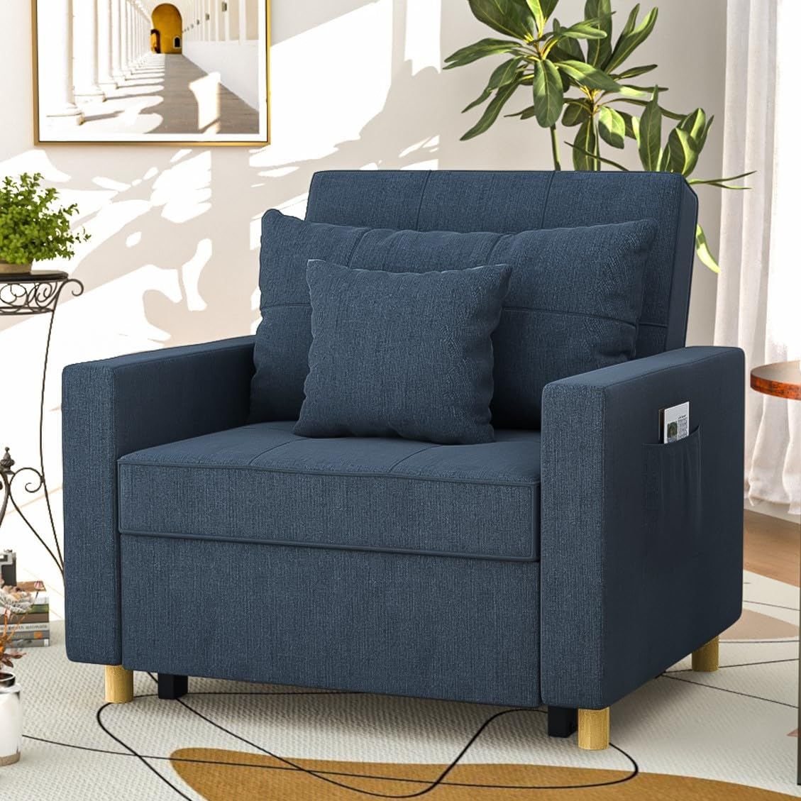 YODOLLA 3-in-1 Convertible Chair Bed, Sleeper Chair Bed, Pull Out Sleeper Chair Beds, Adjustable Single Armchair Sofa Bed with Side Pocket and Adjust Backrest Into a Sofa, Grey
