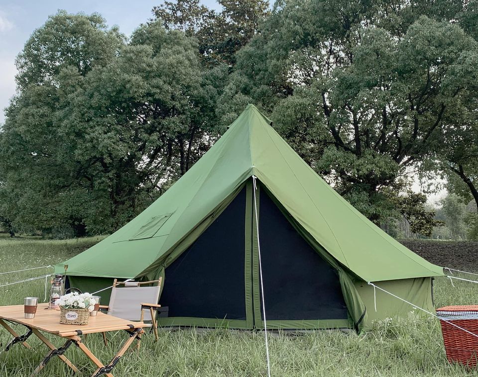 Breathable 100% Cotton Canvas Bell Tent, Waterproof Large Tents w Sturdy Center & Door Pole.